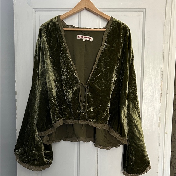 Vintage Bed jacket Free People Olive Velvet Tie-Front Blouse - Picture 5 of 16